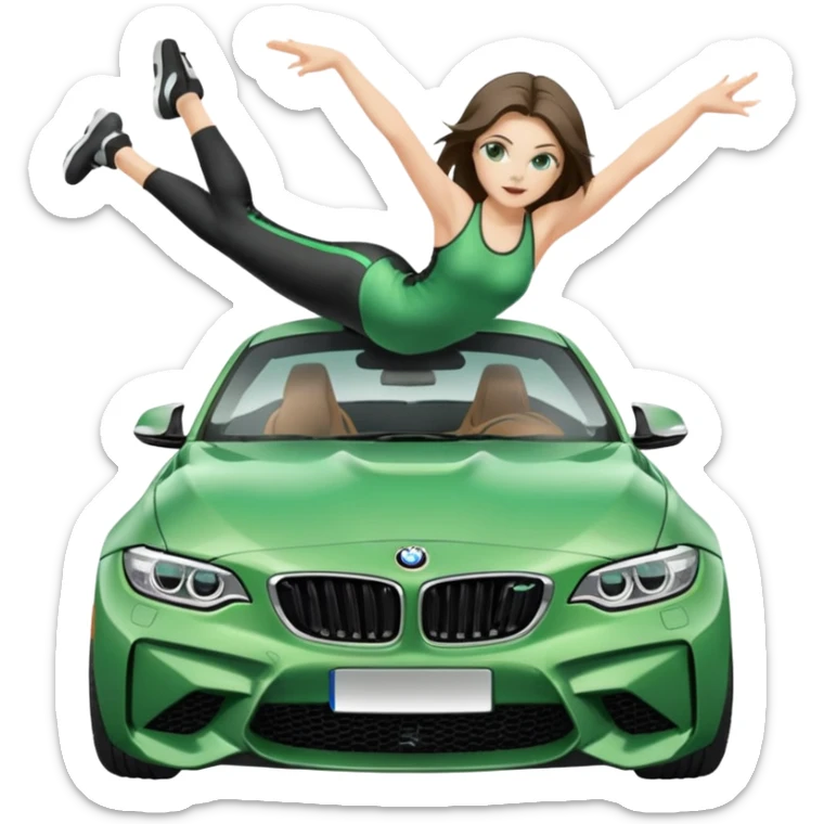 Beautiful Caucasian girl with green eyes realistic portrait of girl doing the splits on the hood of BMW M2 car sticker