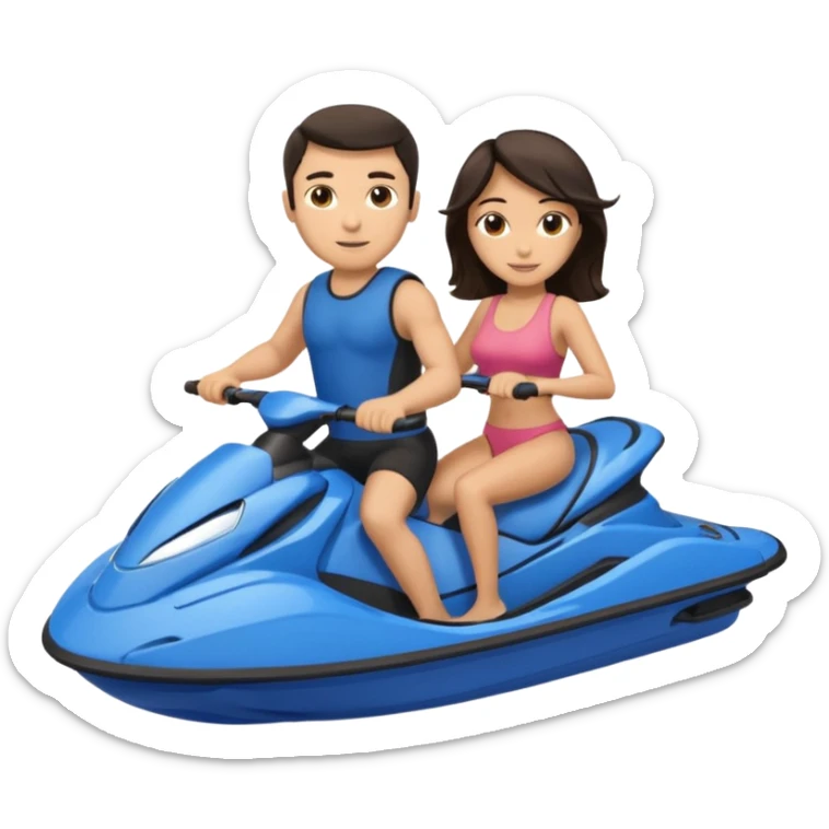Light tan male dark hair & light tan female dark hair on a blue jet ski no sunglasses sticker