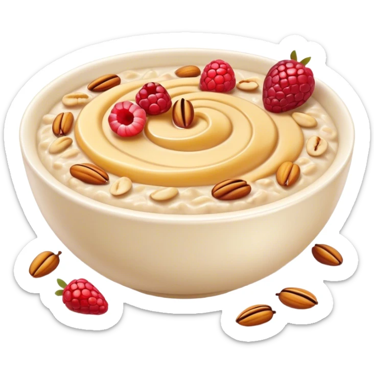 Cinematic creamy oatmeal, smooth texture with a swirl of honey on top, garnished with fresh berries and nuts, warm and comforting, cozy golden tones, rich and delicious. sticker