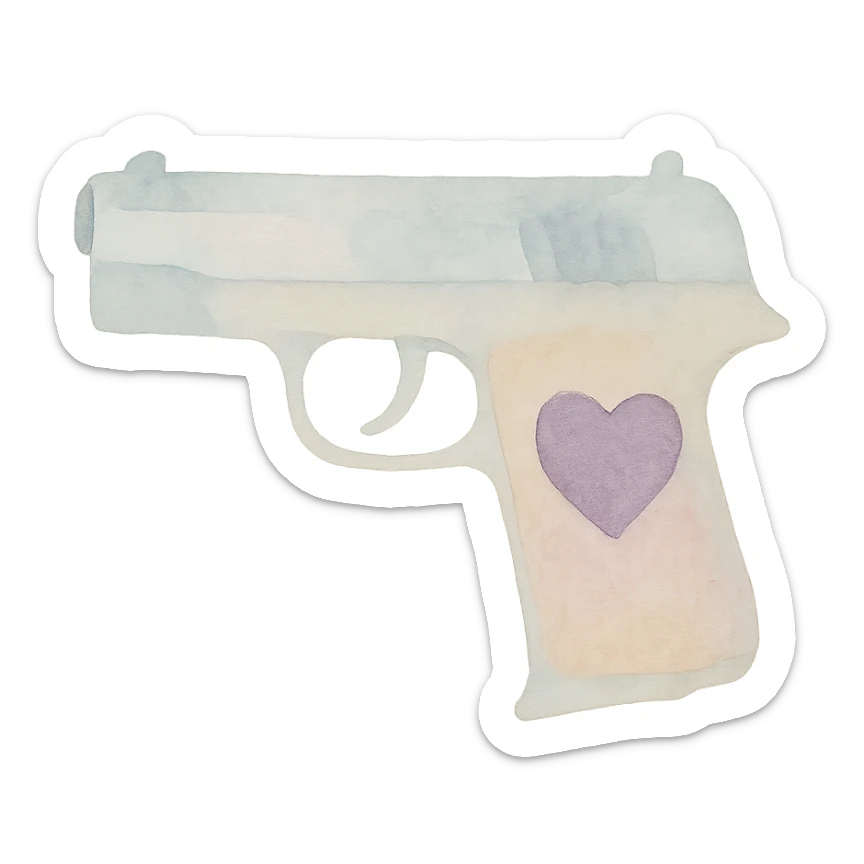 purple heart pistol, watercolor art style, soft edges, gentle color blending sticker