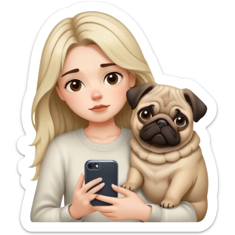 Pretty girl with casscading choppy hair frames her face as she holds her phone and her big pug lays beside her sticker