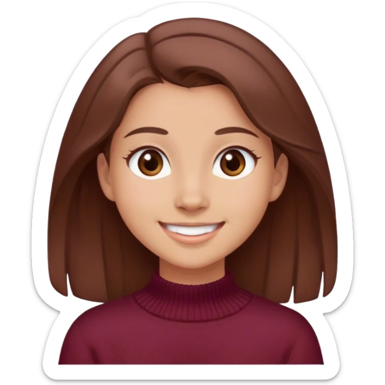 A girl with brown hair smiles, gray-brown eyes, wearing a burgundy sweater sticker