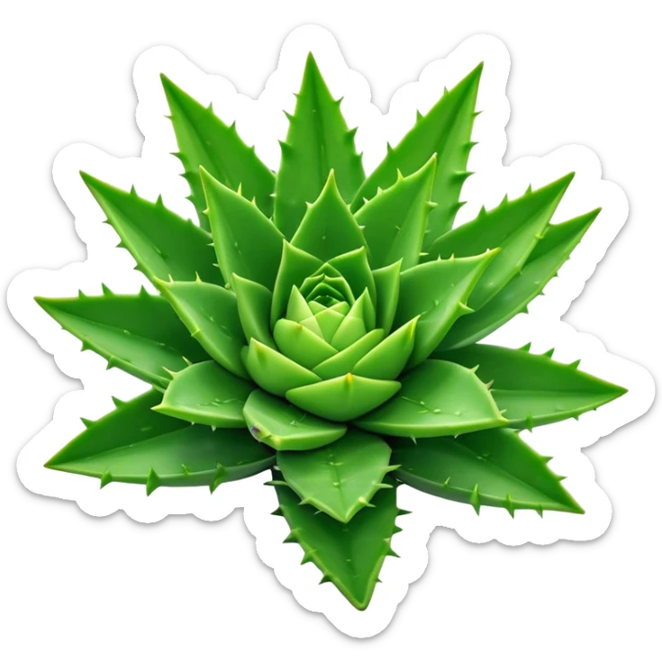 Cinematic Realistic Aloe Vera Emoji, Plump and succulent, with thick, fleshy leaves arranged in a star-like rosette. The vibrant green leaves have a slightly spiky texture, exuding a sense of resilience and healing. Soft glowing outline, capturing the essence of natural wellness and desert vitality in a flourishing aloe vera plant! sticker