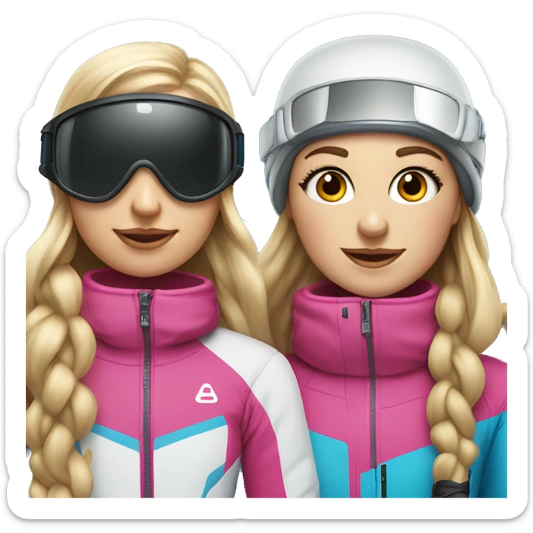 Blonde girl with long ponytail and girl with long brunette wavy hair in ski clothing and ski googles sticker