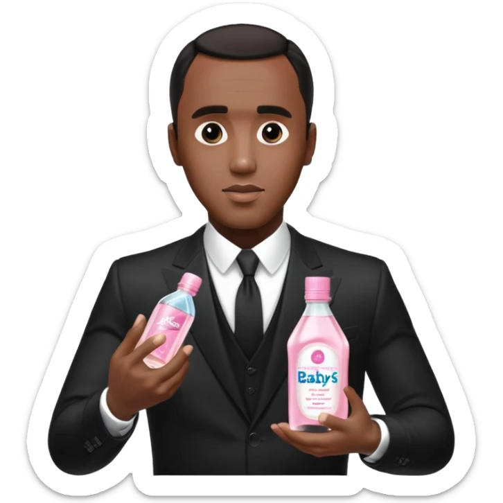 A realistic product shot of a transparent bottle of Johnson’s Baby Oil by Johnson & Johnson, featuring a soft pink label. The oil inside is crystal clear and glossy. Sean "Diddy" Combs in black suit is holding the bottle sticker