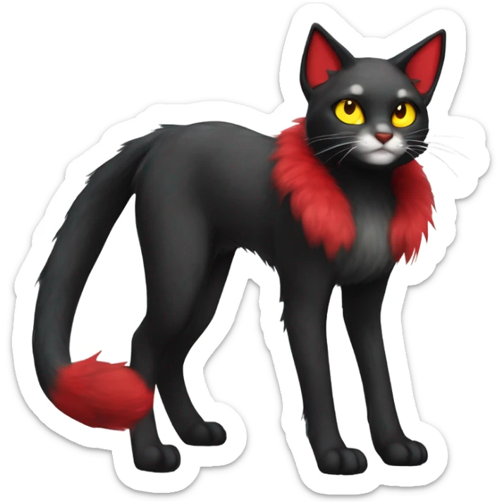 black Shiny Fionbri-Falvie-sparkle-feline-sona with yellow eyes, red edgy markings full body fursona sticker