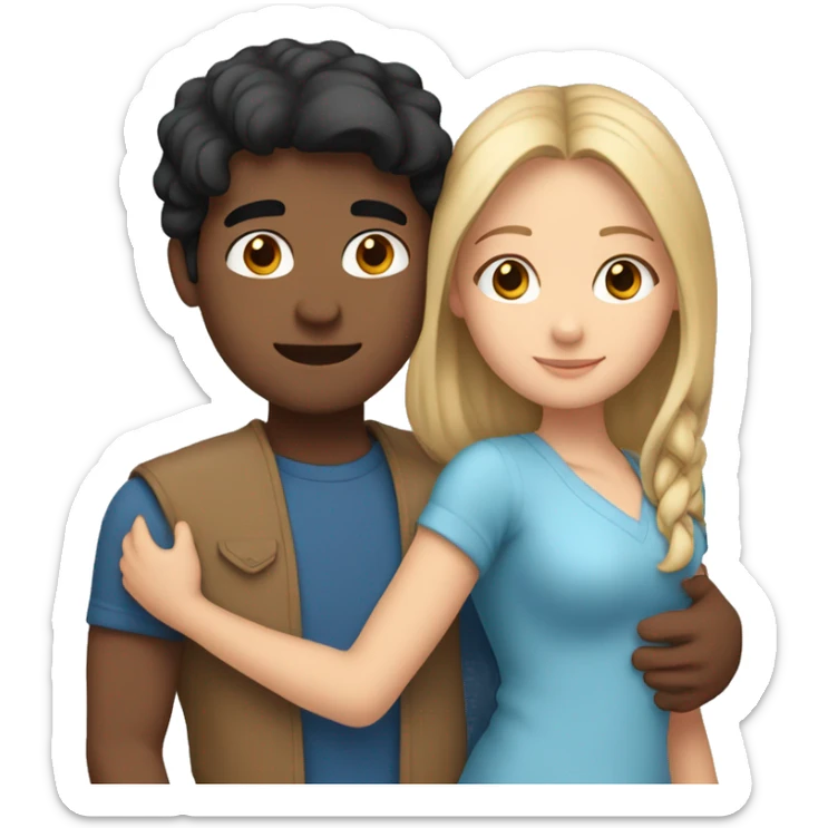 Friends hugging each other. Indian man, short black hair. White woman, blue eyes and long light brown hair sticker