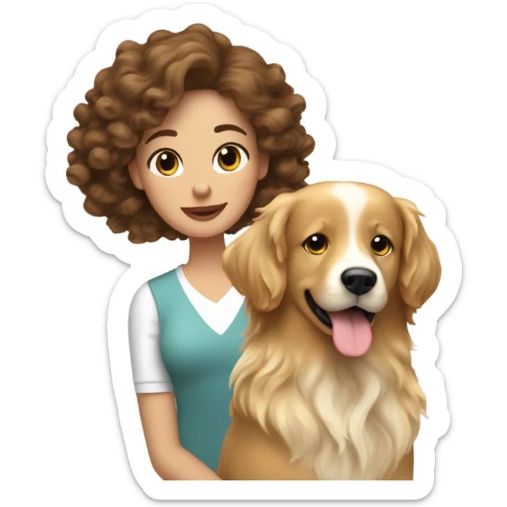 Long bouncy blow dry, brown haired woman and her English cream golden retriever curly haired dog sticker