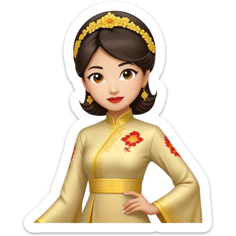Cinematic Realistic Ao Dai Pop Culture Emoji, featuring an elegant portrayal of the traditional Vietnamese dress rendered with graceful textures and vibrant, cultural lighting. sticker