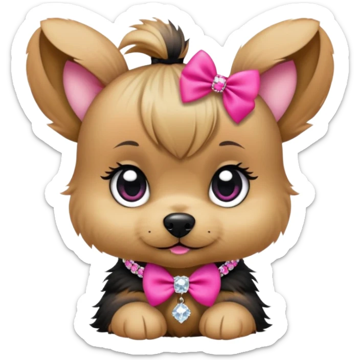 Yorky puppy with short face, big eyes topknot with hot pink bow and rhinestone necklace pink diamond sticker