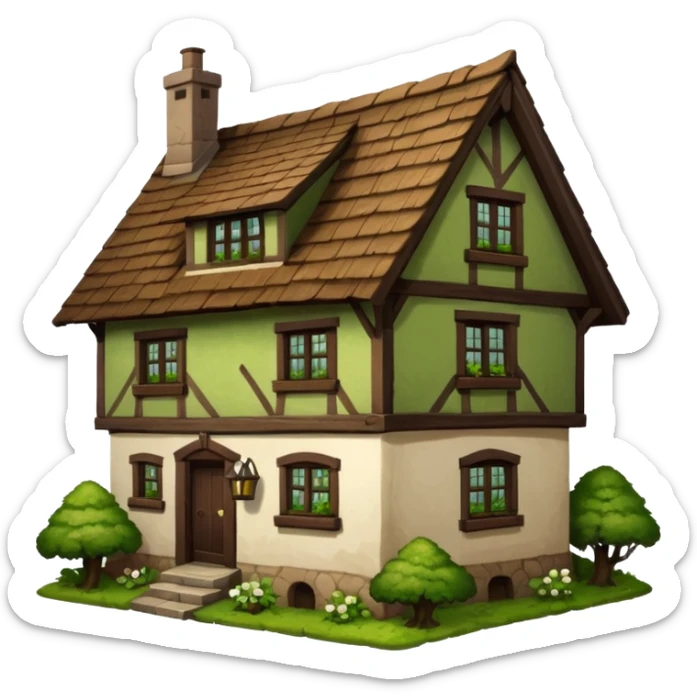 An old half-timbered village house with a tiled roof. The roof is dark brown. Moss, plants sticker