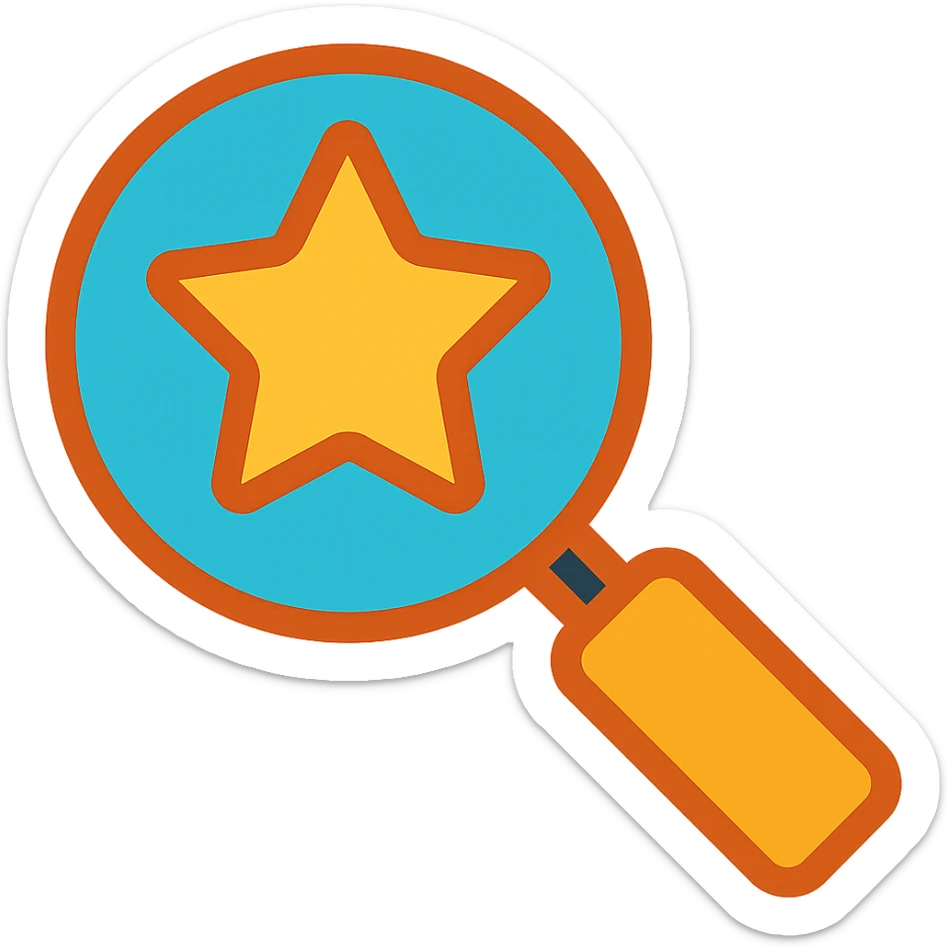 Enhance the search icon with a star by adding more vibrant color to the outline while keeping the icon style consistent. Remove the background to isolate the icon. sticker