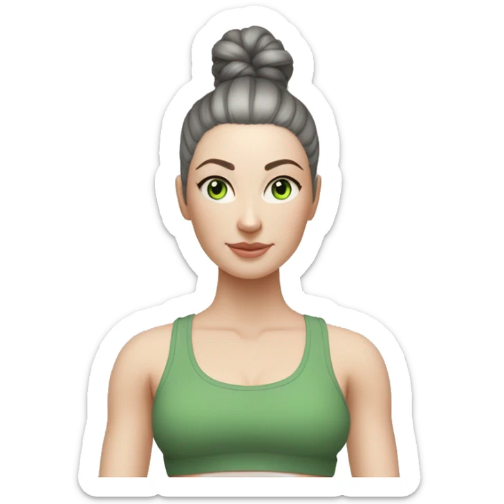 Pale skinned fit woman In a gray tight yoga suit and wristbands With ash black hair in a bun and green eyes doing yoga sticker