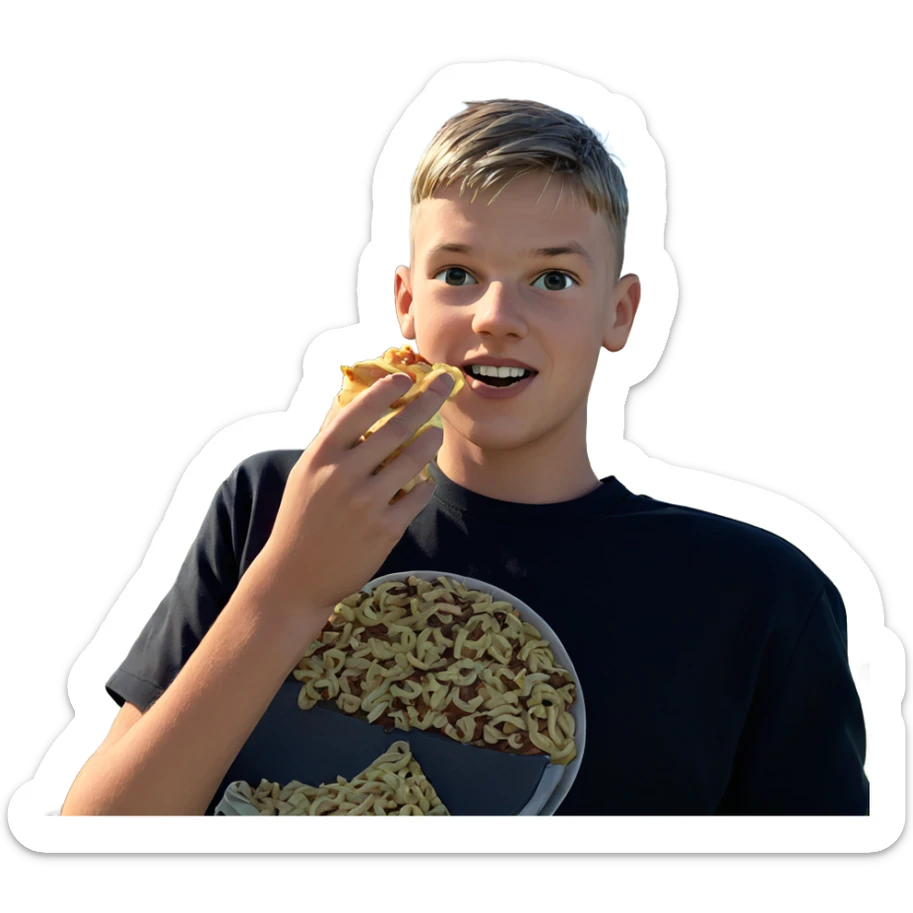 boy enjoying food outdoors sticker