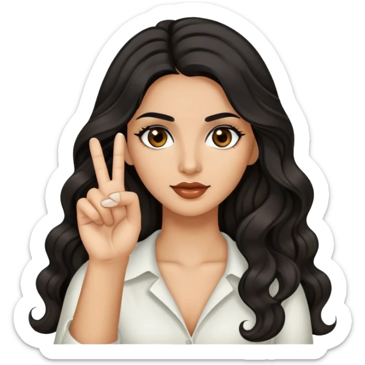 woman with olive skin, brown eyes and long lashes, and long black wavy hair holding up one hand and showing her one middle finger sticker