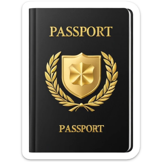 Minimal emoji icon of a black passport, matte cover, simple gold emblem, clean lighting sticker