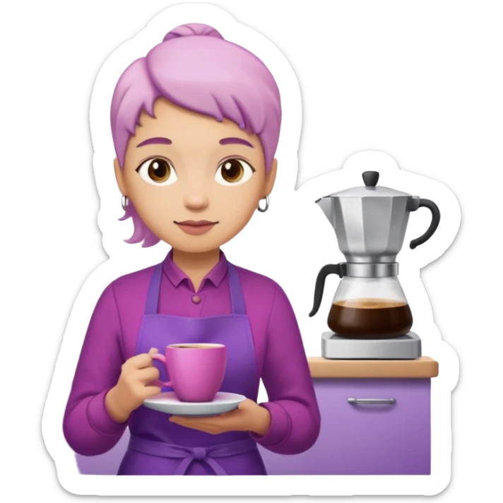 Create 3D minimalist emoji in the style of Coffee Lover — a coffee shop and roastery brand.
Style: cozy, warm.
Colors — purple-pink range.
barista with coffee sticker