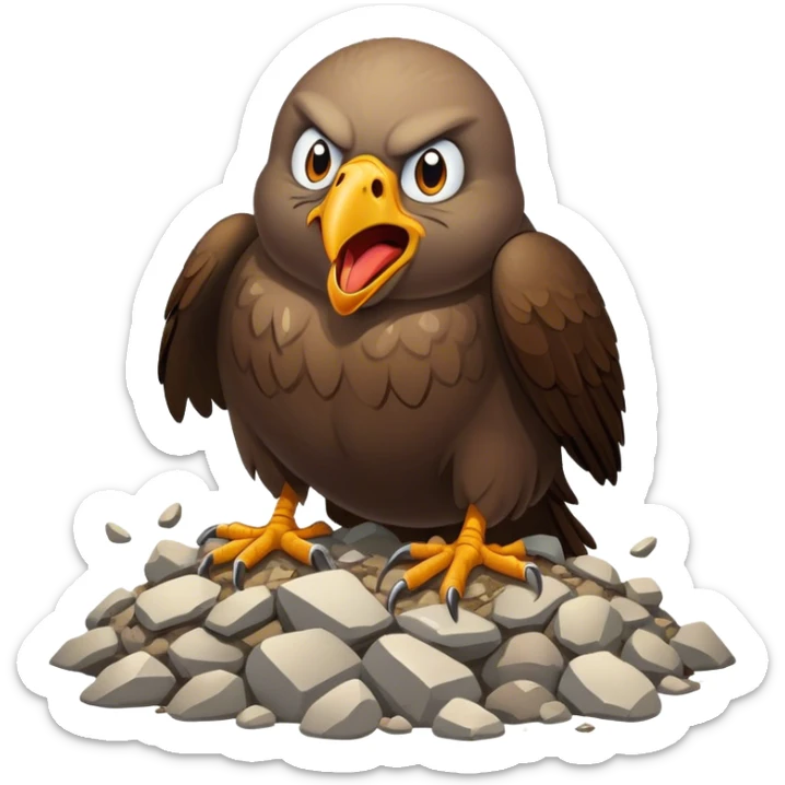 Generate a buzzard with a rock like body and head that is drooling and is very stupid. Make it have an evil look on it's face. Have it flying over a pile of scum.  sticker