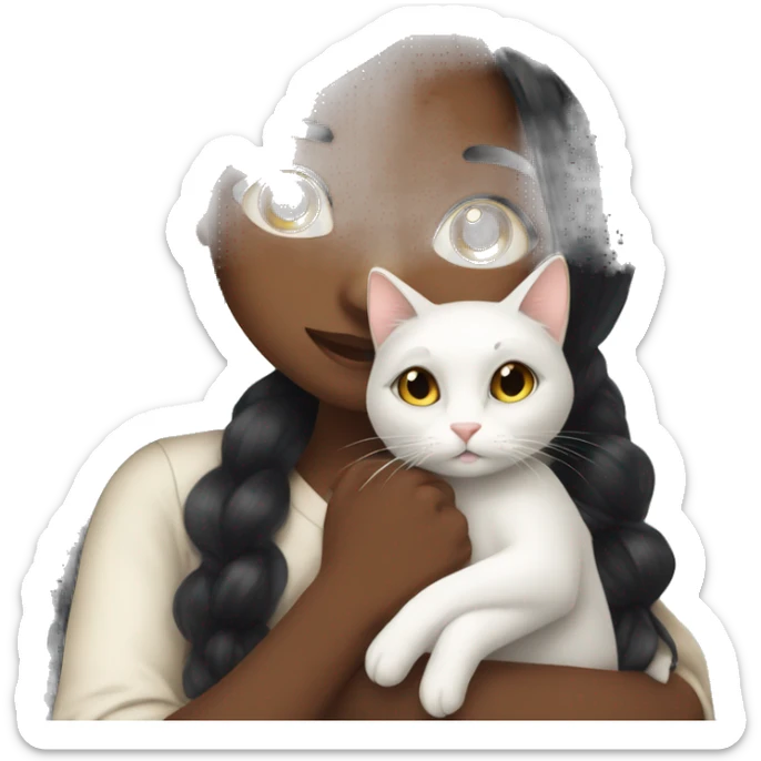 girl with very long black hair and brown skin hugging a white cat sticker
