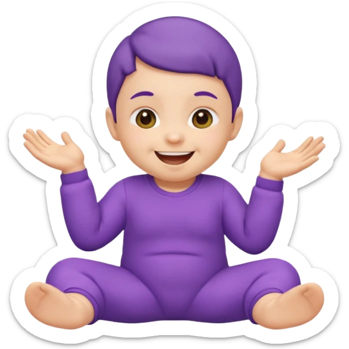 Apple-style emoji of a baby wearing a purple onesie, sitting and laughing joyfully, with hands down. sticker
