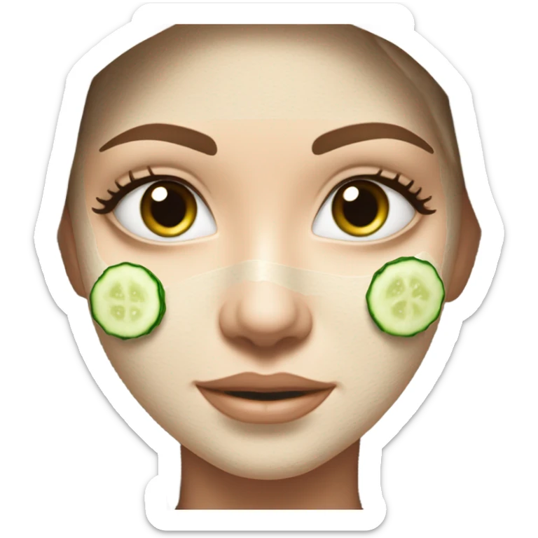 White girl with Brown hair and blue eyes wears a Green colored skincare clay textured mask and puts on cucumbers around her eyes while She relaxes in her white Robe sticker