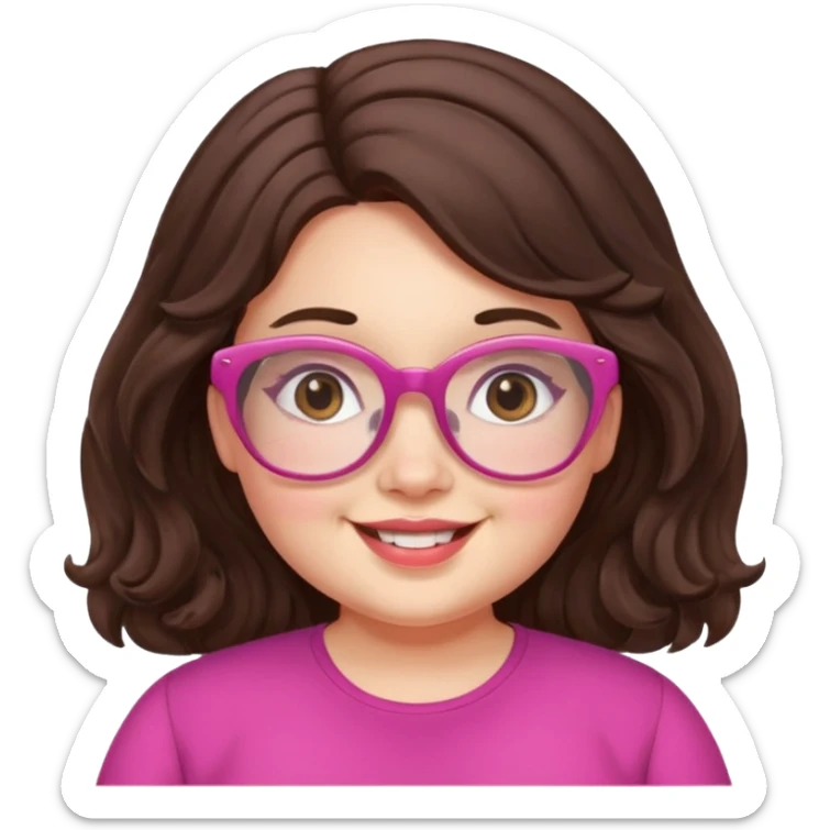 chubby English teacher cute girl face smiling wavy long dark brown hair pink glasses classroom background for online teaching sticker