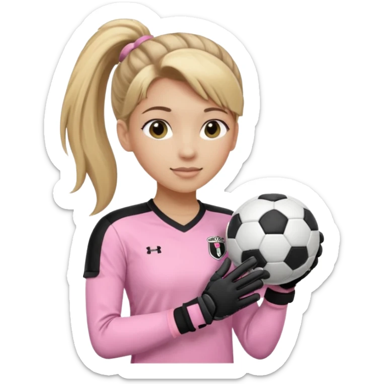 Make a dirty blonde football goalkeeper with goalkeeper gloves on holding a regular  The girl is light skinned and wearing a light pink football. Wearing a ponytail with the dirty blonde. Make it without the whole body. With full sleeves. WITHOUT A RUGBY BALL JUST REGULAR BLACK AND WHITE BALL sticker