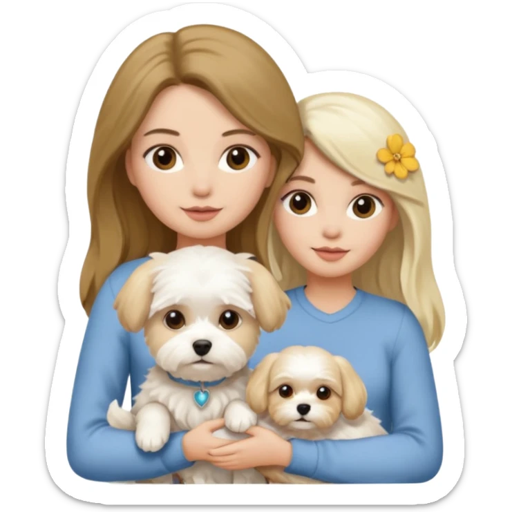 two women holding Maltese dog one is brunette the other is blonde long haired  sticker
