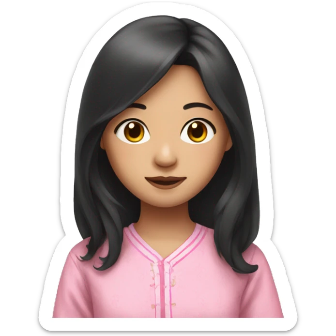 Asian girl with dark long hair wearing pink pajamas  sticker