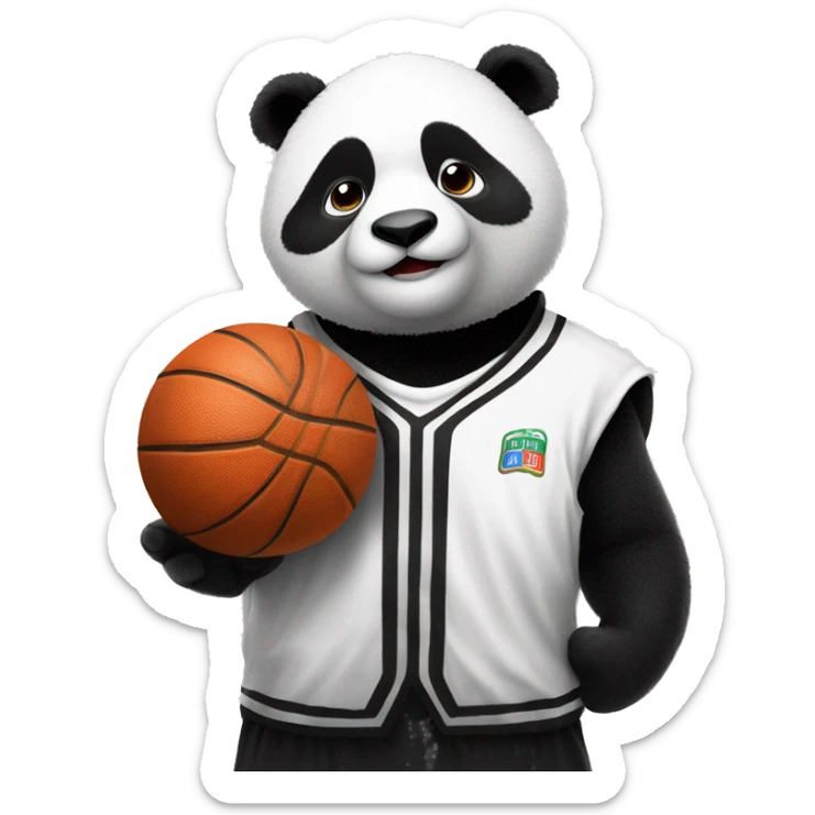 panda in black and white basketball uniform and with basketball ball in his hands  sticker