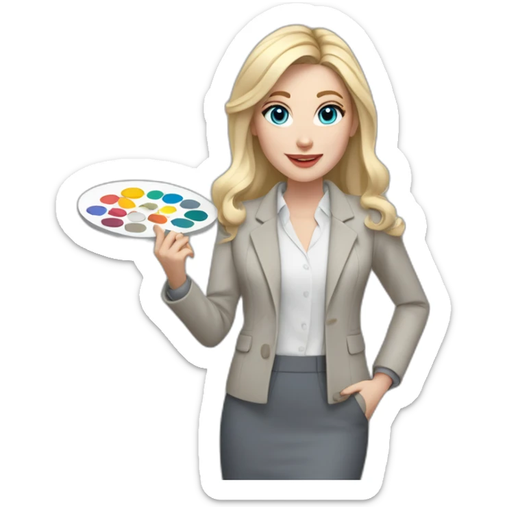 pale skin woman interior designer with cold blonde middle length hair, blue eyes, White blouse, Gray oversize jacket, Gray skirt holding a color palette in the hands sticker