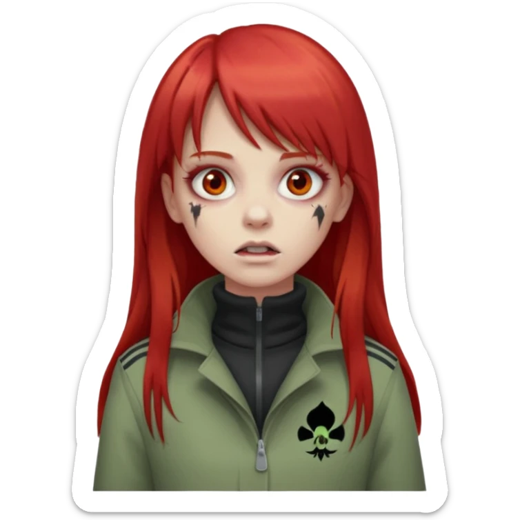 Crie um emoji de uma menina zumbi  com o cabelo vermelho longo com uma franja reta casaco de gola alta da adidas sticker