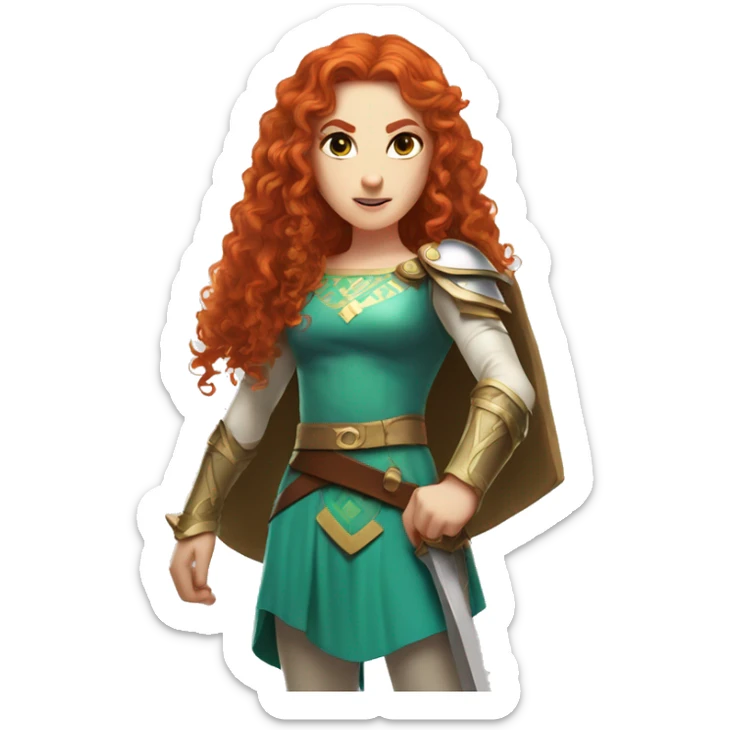 a white girl with long red curly hair and freckles, cosplaying Princess Zelda posing and ready for a fight sticker