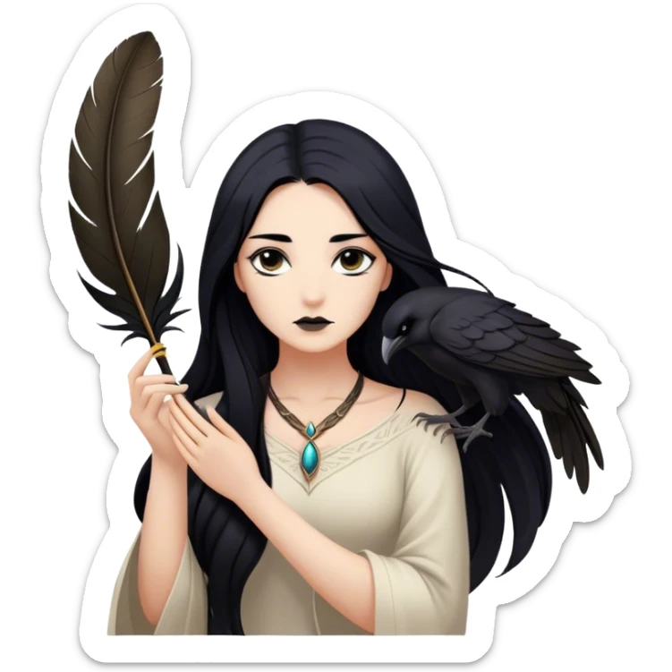 Cinematic Realistic Pocahontas Portrait, depicted with lifelike skin texture, soft natural lighting, and intricately detailed long, flowing raven-black hair that moves gracefully in the wind. Her deep, soulful dark brown eyes exude wisdom and strength, complemented by a serene yet powerful expression. She is shown gently holding a feather in one hand, her other hand resting lightly at her side, embodying the harmonious balance between nature and herself. She is dressed in her classic one-shoulder native American dress, with rich fabric textures and delicate beaded details that catch the light beautifully. The portrait features a soft, sun-kissed glow with a natural, radiant finish, capturing the essence of untamed beauty and deep connection to nature in a realistic and painterly style, evoking a sense of depth and authenticity. sticker