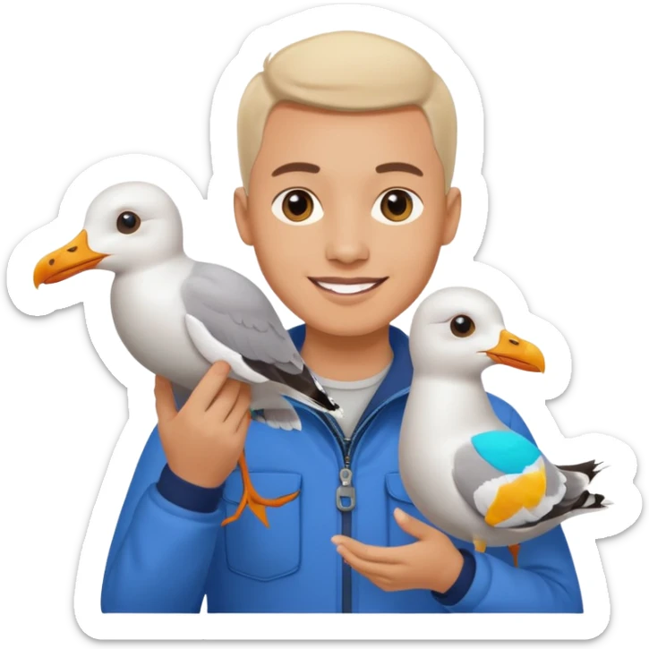 Minimalist emoji-style illustration of a smiling photographer holding a seagull in their hands. Simplified, clean lines, vibrant colors, small size, white background sticker