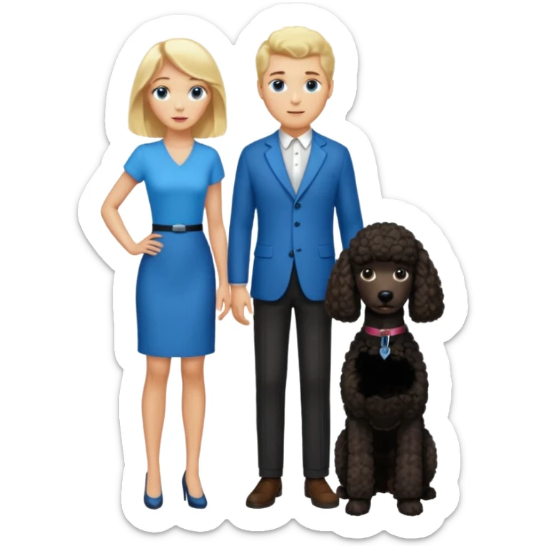 Create an emoticon depicting two people. One person is a tall man with blonde hair and blue eyes. The other is a shorter woman with dark brown hair, brown eyes, and brown skin. Between them, there is a large black poodle standing. sticker