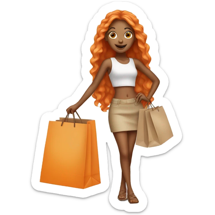 Tan girl with long orange hair wearing cute outfit holding shopping bags sticker