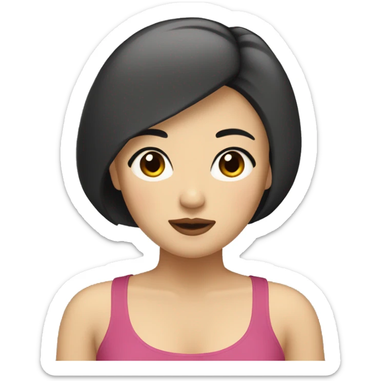 Asian woman with short hair, with dark shank hair, large eyes, and thick lips. Her body is chubby sticker