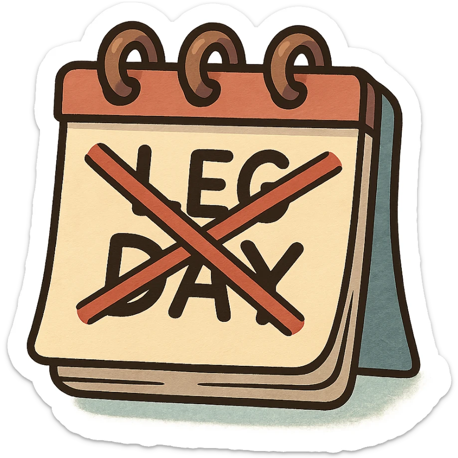 playful cartoon icon of a calendar with 'leg day' crossed out sticker