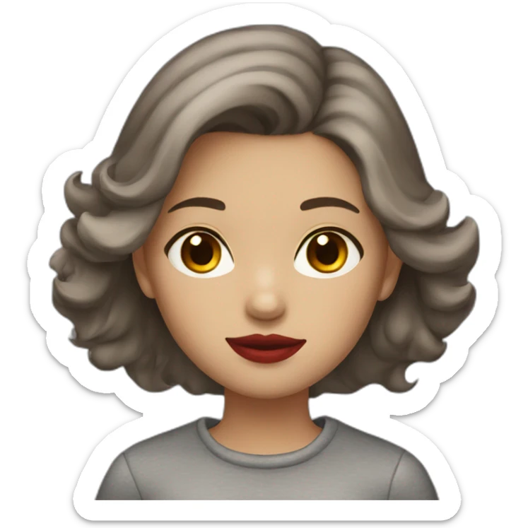 A girl with brown hair, brown eyes, and gray clothes And red lips sticker