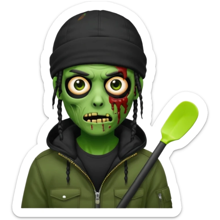 a zombie emoji with black dreads and a black carheartt jacket and black nike ski mask on his head sticker