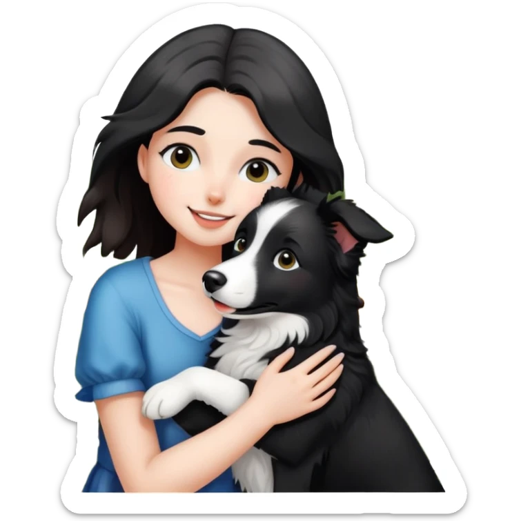 A girl happily hugs a black and white border collie in the flowers sticker