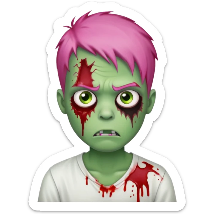 green zombie boy with blood with scratchesi, pink hair and eyebrows, and a white shirt and make him mad sticker