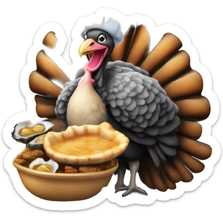 Turkey holding slice of black toasted bread with pan of oysters, fire sticker