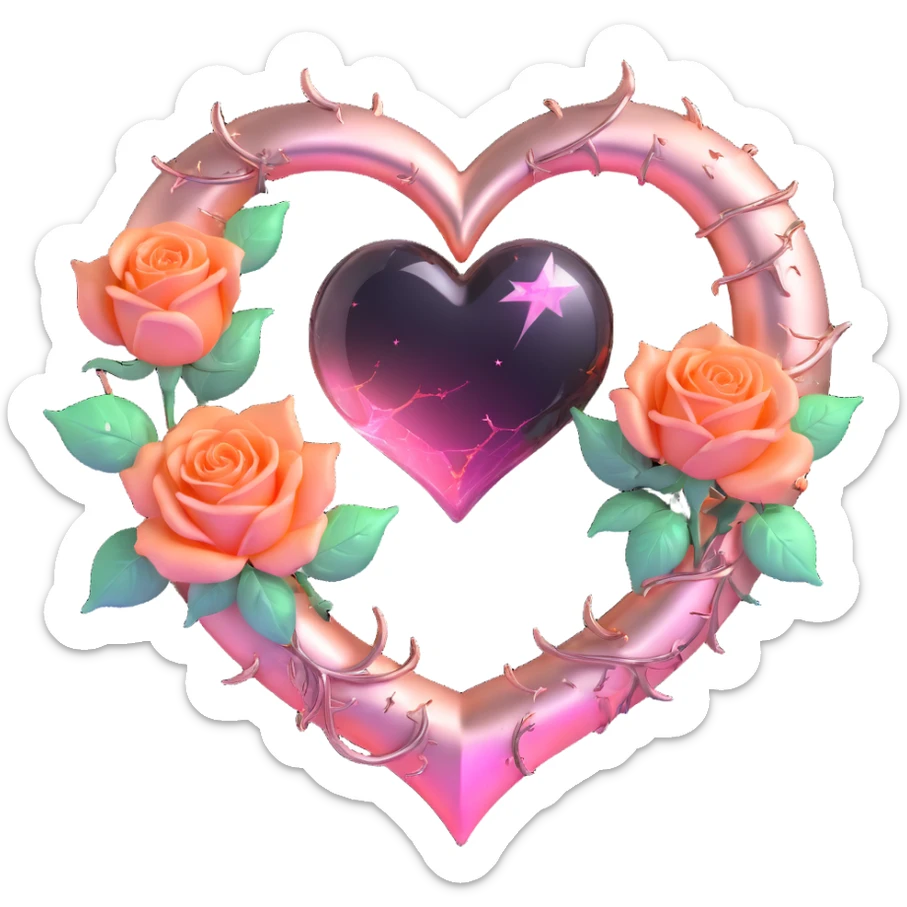 gothic heart made of rose gold glass, silver crescent moon, glowing blush pink roses, holographic stardust, neon orange lightning, wet and cracked glass sticker