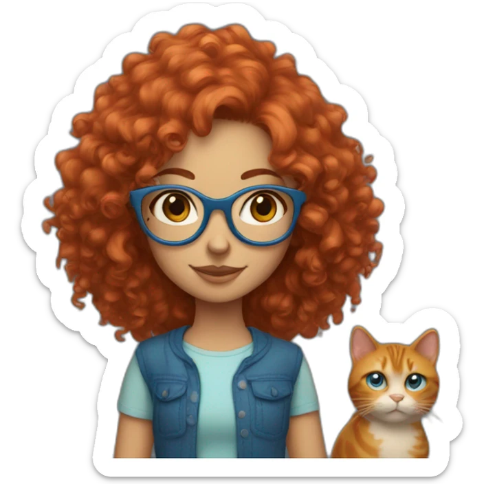 a girl with curly red hair and blue glasses with a cat in her arms sticker