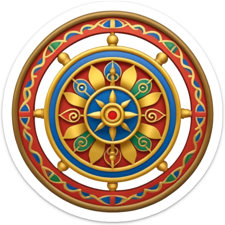 Tibetan Wheel of Life Bhavachakra emoji, traditional symbolic segments representing cycle of existence, simple spiritual harmonious style sticker