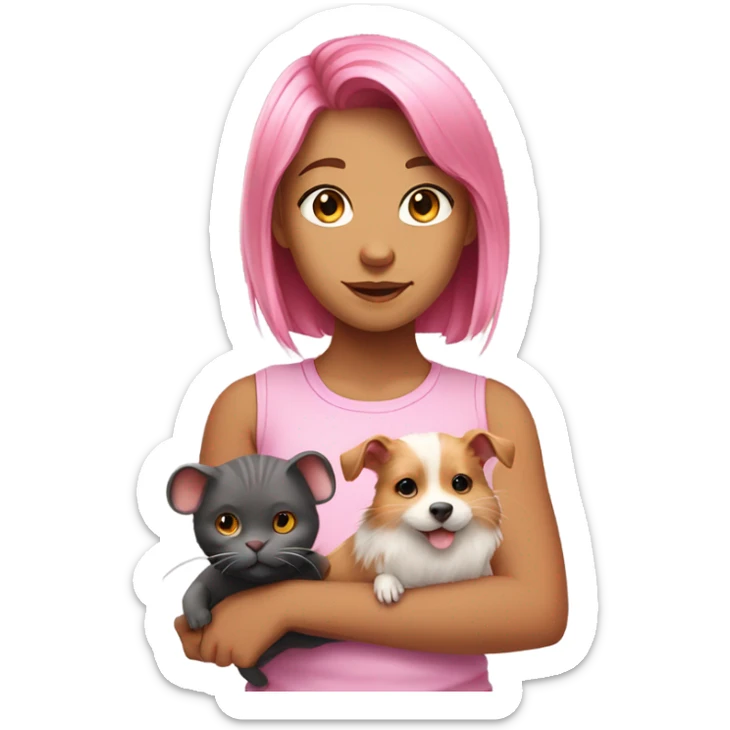 Animal lover girl, dog plus cat tan skin pink hair hamster, rats sticker