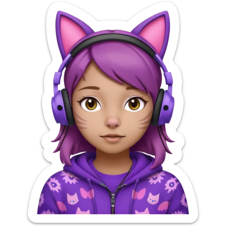 une fille avec des écouteurs de chat rose et des cheveux brun qui est crazy  chandaille mauve  sticker