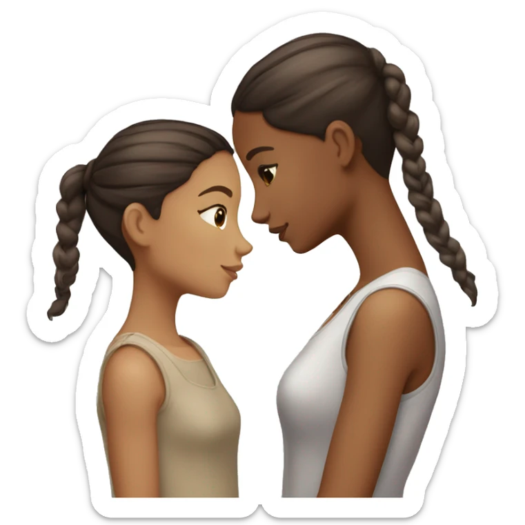 two girls are kissing, one of them has light skin, brown eyes, dark brown hair in a bun, the other has light skin, gray eyes and long brown straight hair sticker